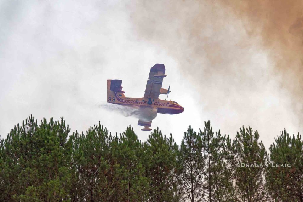 France-Lanton. 29 July 2026. Following a series of violent fires, firefighters and volunteers are battling a forest fire in Lanton, as part of the wildfires ravaging the Gironde region. A Canadair aircraft in action at a forest fire.///France-Lanton. Le 29/07/2026. Suite aux violents incendies, pompiers et volontaires luttent contre un incendie de foret a Lanton, dans le cadre des feux de foret qui ravagent la region de la Gironde. Un Canadair en action sur un feu de foret.