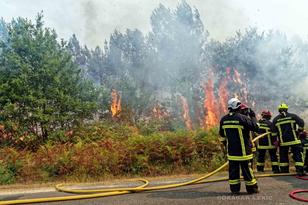 France-Lanton. 29 July 2026. Following a series of violent fires, firefighters and volunteers are battling a forest fire in Lanton, as part of the wildfires ravaging the Gironde region.///France-Lanton. Le 29/07/2026. Suite aux violents incendies, pompiers et volontaires luttent contre un incendie de foret a Lanton, dans le cadre des feux de foret qui ravagent la region de la Gironde.